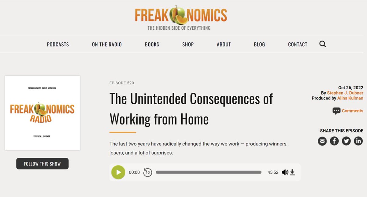 I_Am_NickBloom's tweet photo. I'm a fan of the Freaknonomics podcast and regularly listen to them out walking, running or driving. So very happy they did a #WFH episode in which they interview several economists (including me), plus their own employees on the impact and future of #WFH

https://t.co/TX0TvgIzuo https://t.co/C3rfkAdh02