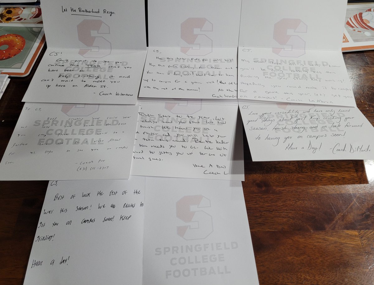 When <a href="/_SCFootball/">Springfield Football</a> staff talk about brotherhood and family, they definitely mean it.  This is the third time they've let me know with personal messages.  I appreciate the love. <a href="/Coach_LaMarca/">Emil La Marca</a> <a href="/CoachDiMonte/">Vince DiMonte</a> <a href="/Coach_Pavelchak/">Jack Pavelchak</a> <a href="/Coach_Valentino/">Tony Valentino</a> <a href="/CoachWoodring71/">Kevin Woodring</a> <a href="/coachbjohnson15/">Ben Johnson</a>