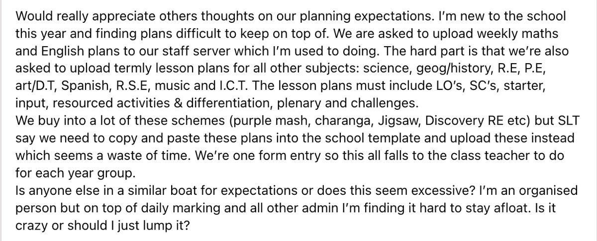 My heart breaks for teachers when I see stuff like this. Twitter, for all its arguments and differences, is often miles ahead in terms of good practice, but this sort of stuff is absolutely prevalent on FB. This type of leadership, lack of trust and over accountability reeks.