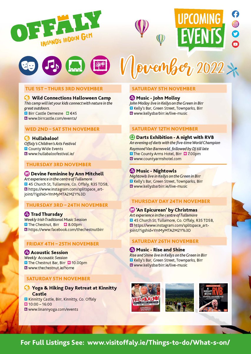 visitoffaly's tweet photo. Always a good idea to plan ahead when you #VisitOffaly!
Here's just some of the events taking place in November!
More events at https://t.co/dW8F5EKjXS
#Offaly #Offalyevents #thingstodo #livemusic #arts #irelandshiddenheartlands #discoverireland
@offalycoco @HeartlandsIRL https://t.co/2sC4c58HyX