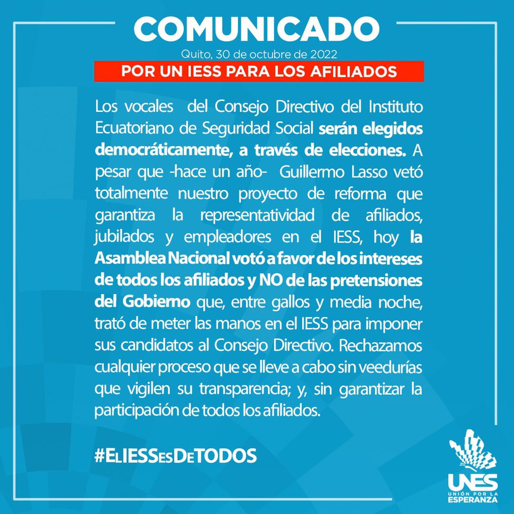 COMUNICADO | Hoy votamos a favor de un Consejo Directivo del IESS que represente democráticamente a jubilados, afiliados y empleadores. #ElIESSesDeTodos