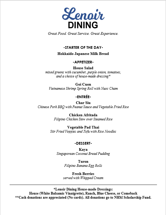 Join us for food from the Pacific Rim! Reservations available at 11:30 and 12:30 Tuesday and Wednesday!