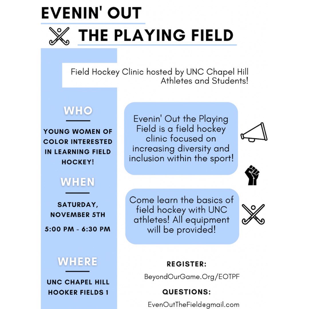 BeyondOurGame's tweet photo. Super excited for the free #EOTPF Field Hockey clinic coming up!! 🤩We’re hosting this clinic for 4th-12th graders as an opportunity for young women of color to try our sport🏑💪🏾
Can’t wait to see you there - November 5, @ UNC Chapel Hill !! https://t.co/bXpJi2pu20