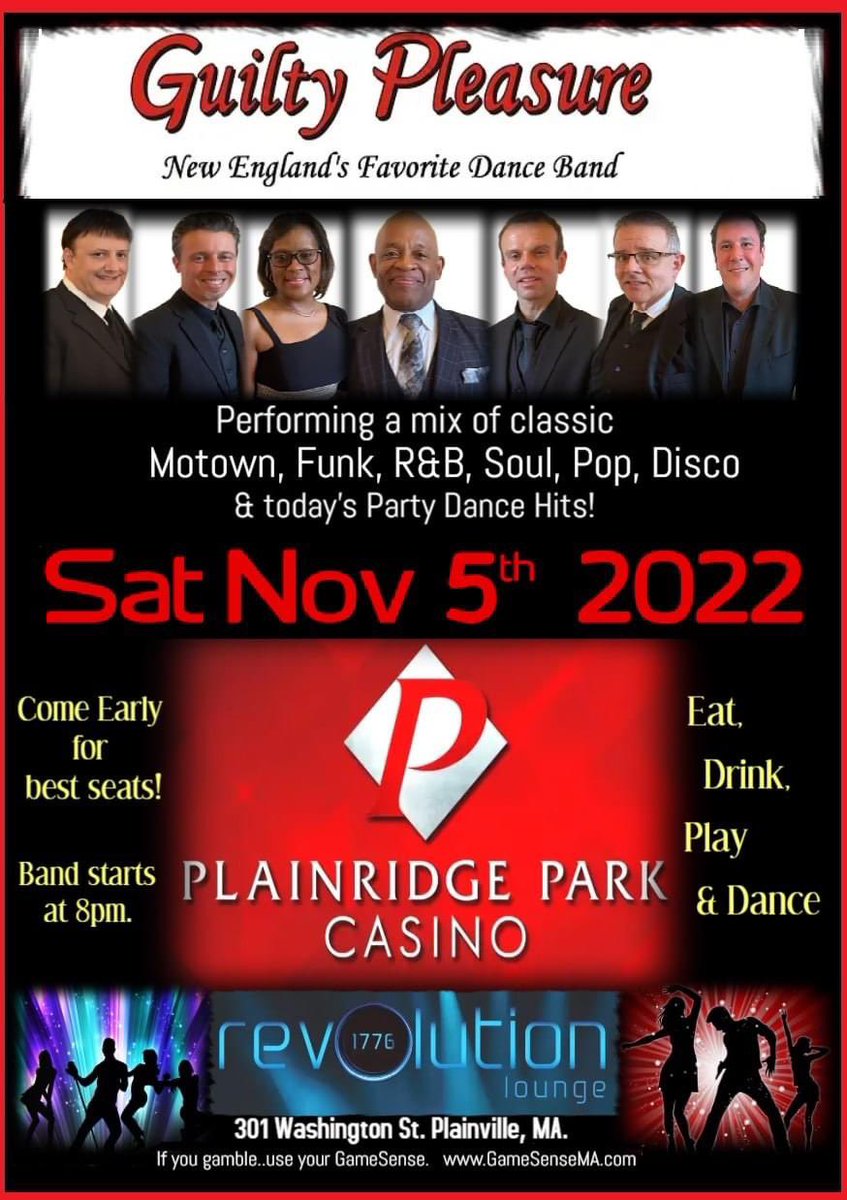 Join GUILTY PLEASURE at @PlainridgePark THIS Saturday, 11/5/22. Retro Dance Classics from Motown, R&B, Funk, Soul, Disco, Pop, Rock, & more!! FREE SHOW! 8pm. Come early for best seating. see & hear the band everyone is raving about!