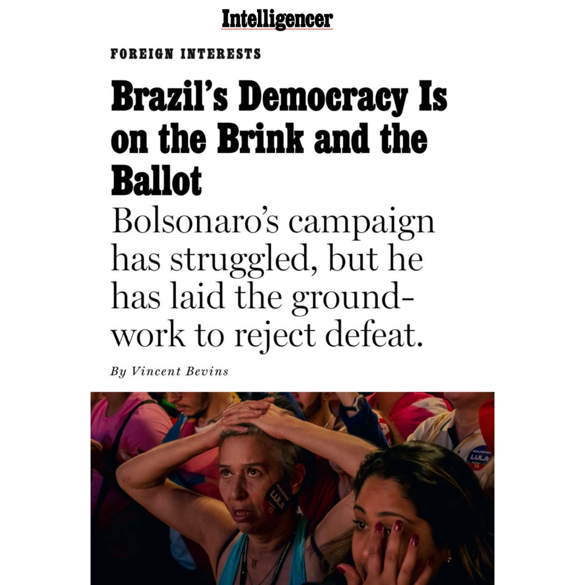 As polls close in Brazil, we must face the fact that authoritarianism and fascism are on the march in the two largest democracies in the Western hemisphere. Brazil and the US — and the survival of the Amazon — are truly on the brink. nymag.com/intelligencer/…