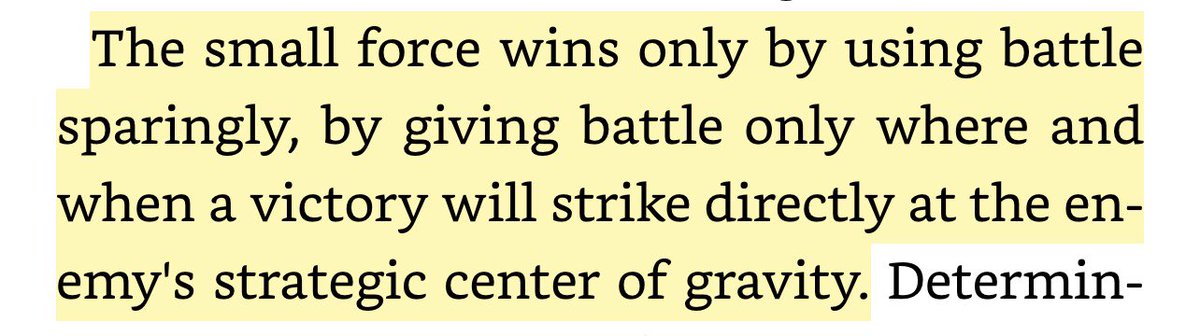 If small, fight only when you can win. Otherwise run away liberally. Great book. Thanks to @zackkanter for sending it to me.
