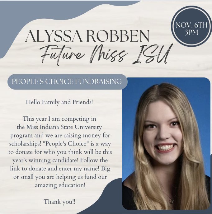 Alyssa_Robben's tweet photo. Hi everyone!! I am competing in the Miss ISU competition and YOU! Can vote for who you think will be this year's winner! Follow the link attatched and enter my name when you donate! all donations goes toward a scholarship handed out at the program! 

https://t.co/3ga0GD55dv https://t.co/xgtvi9QRFw