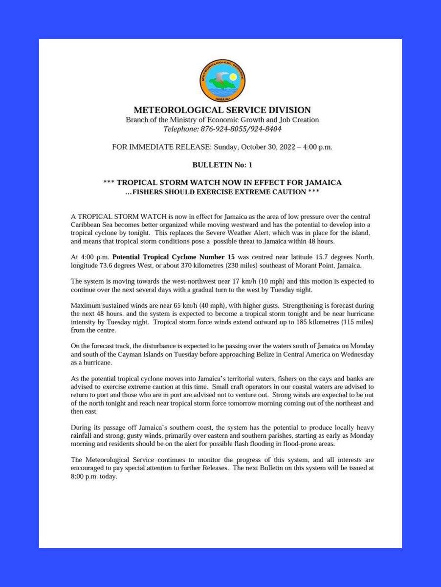 AndrewHolnessJM's tweet image. A Tropical Storm Watch is now in effect for Jamaica due to the presence of Potential Tropical Cyclone 15.  More in Bulletin #1.
@megjc_jm @odpem