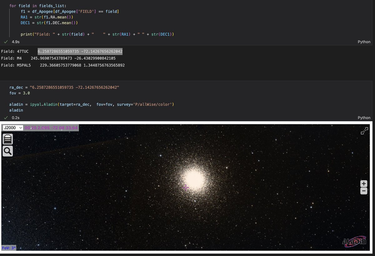 jkarpin2's tweet image. Still working on this Python proper motion quiver plot code hack, but adding Aladin to Sloan Digital Sky Survey APOGEE DR17 star fields looks promising.
🤔🤔🤔
#Python #pythonprogramming #Python311 #code #programming #programmer #astronomy #Science #Space @APOGEEsurvey