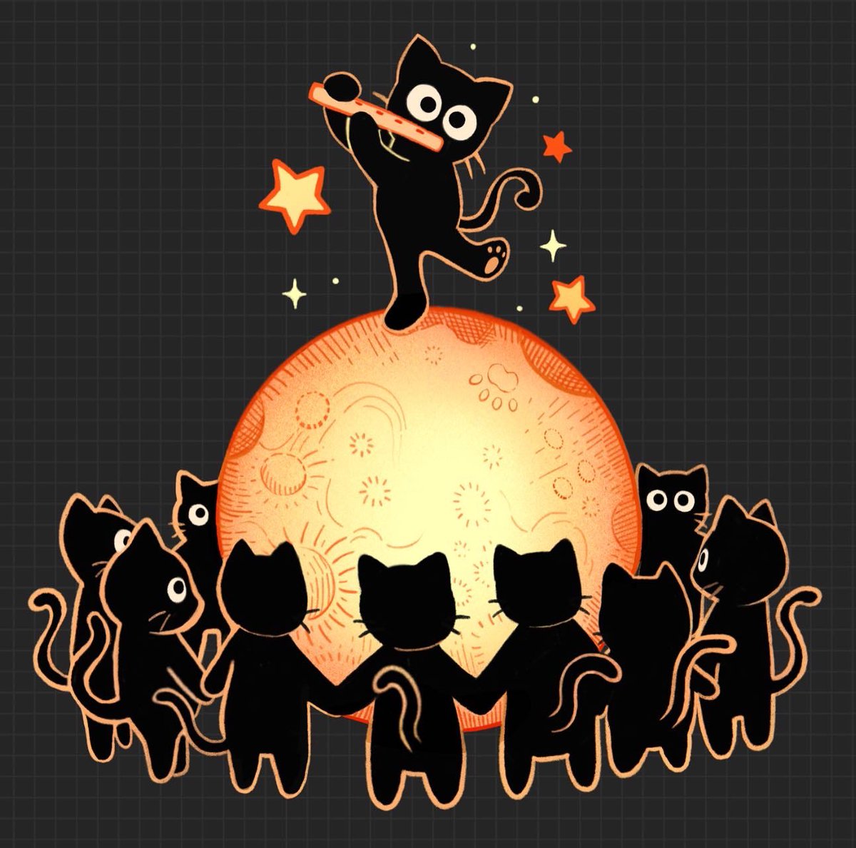 cat no humans animal focus star (symbol) black cat grey background moon  illustration images