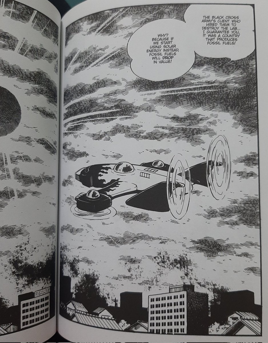 Similarly, in the Goranger manga, Ishinomori writes a plot around the black cross army being recruited by governments who rely on oil for their wealth to be the ones asking for the assassination of scientists researching clean energy in order for them to keep making money. 