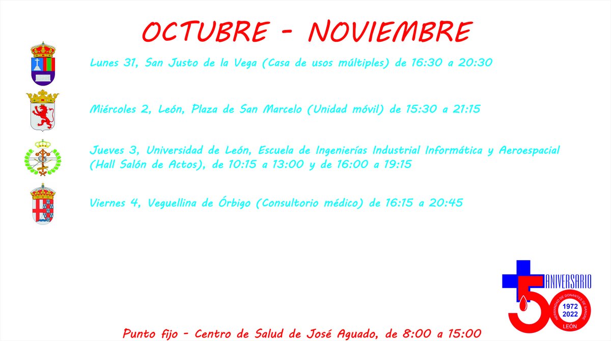 donantesdeleon's tweet photo. Estrenamos mes. Recuerda que el #DiaDeTodosLosSantos es festivo y no habrá colecta.
Te indicamos los horarios y lugares para ésta semana en #LeonEsp https://t.co/Z6YxBKeDCw