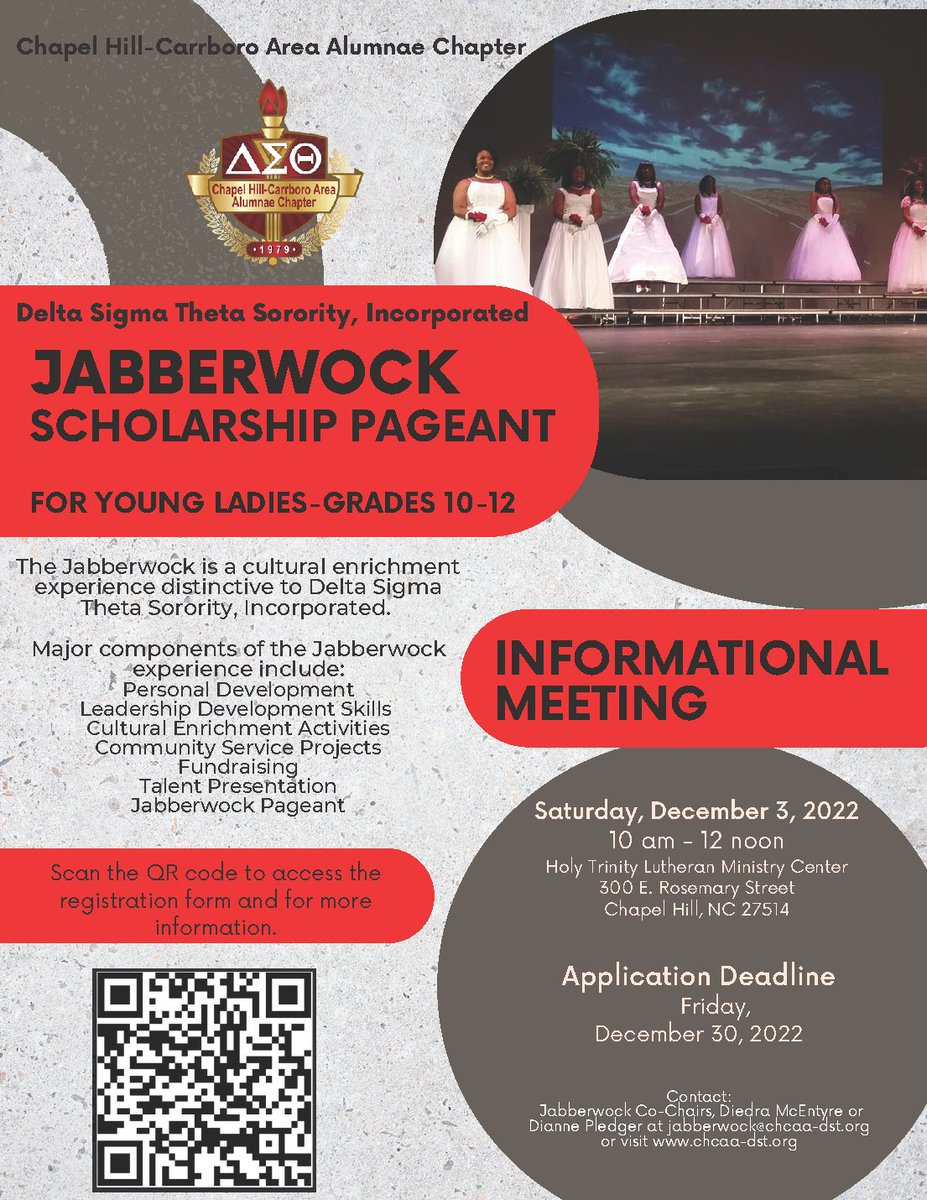 The Miss Jabberwock Scholarship Pageant is back!! We welcome young ladies currently enrolled 10th-12th grades in Orange &amp; Chatham County Schools to join us for an informational meeting on Dec. 3rd! Use the QR code for the application! #MissJabberwock2023 #CHCAADST