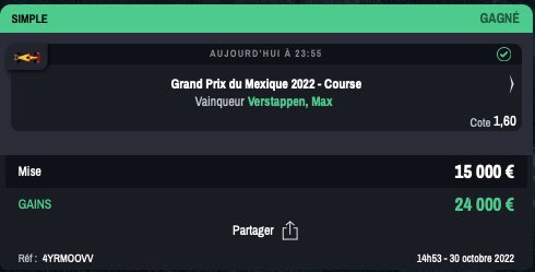 Verstappen <a href="/1/">1</a>.60 ✅✅✅
+9000€ ✅

C’est ce qu’on appel un FREE !
Aucun suspense, large victoire de Max avec 20sec. Les Mercedes n’ont rien pu faire. 

👇Envoyez vos tickets en com l’équipe 💪

#TeamParieur