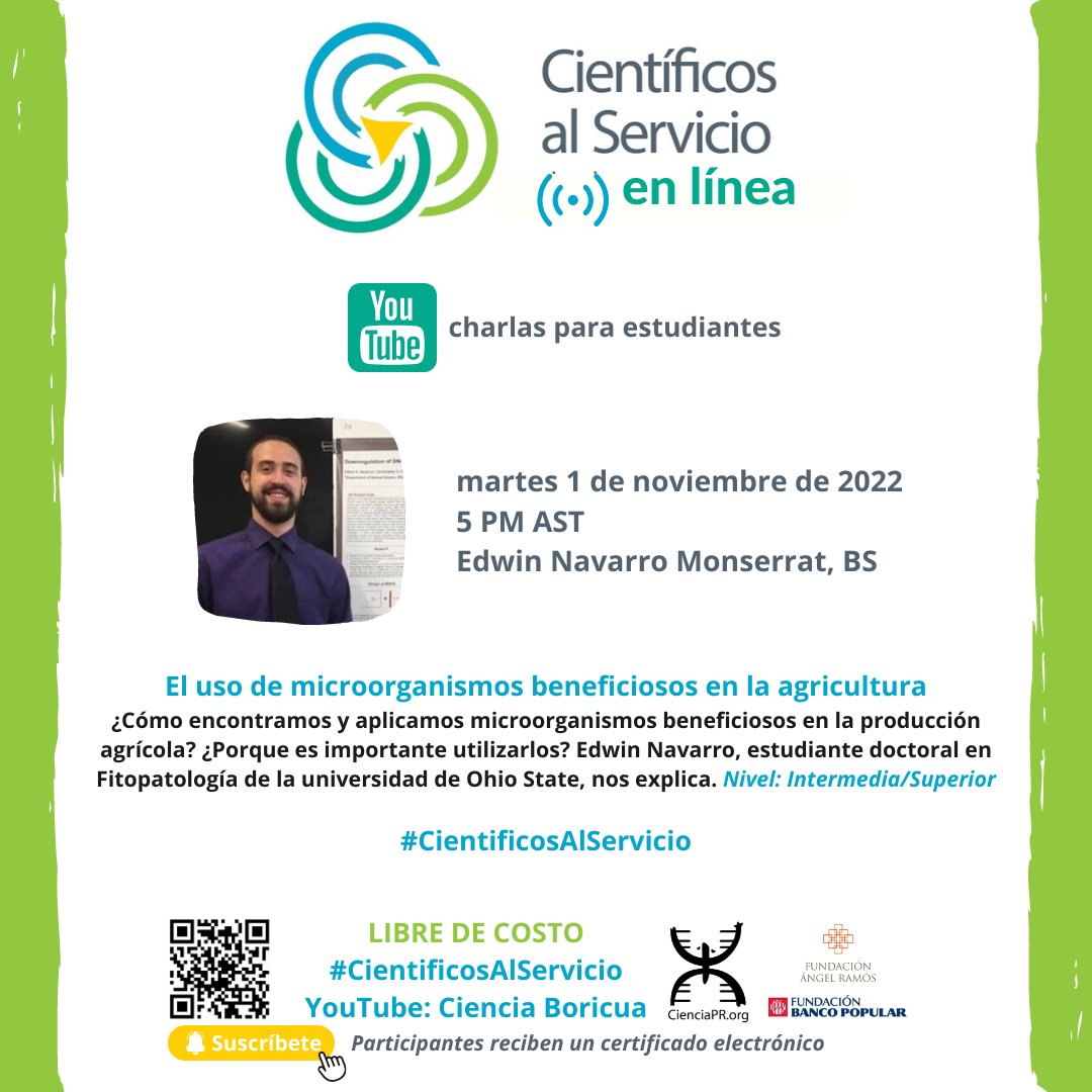 🚨Charla #CientificosAlServicio en Línea 🚨 No te puedes perder nuestra charla del próximo martes 1 de noviembre donde estaremos hablando de cómo podemos utilizar los microorganismos en la producción agricola. En Vivo por YouTube: youtube.com/c/CienciaprOrg