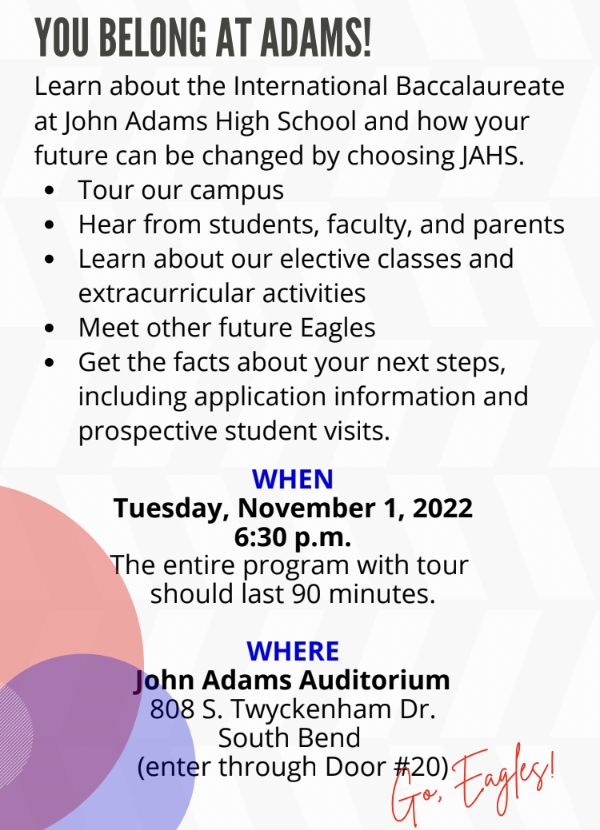SBJohnAdamsHigh's tweet photo. We are so excited to welcome Prospective Students to our 8th Grade Information Night this Tuesday, November 1st from 6:30 - 8:00.  Please join us to learn all about the wonderful offerings that JA has to offer! Enter through Door 20. https://t.co/hKu7NlO3Y5