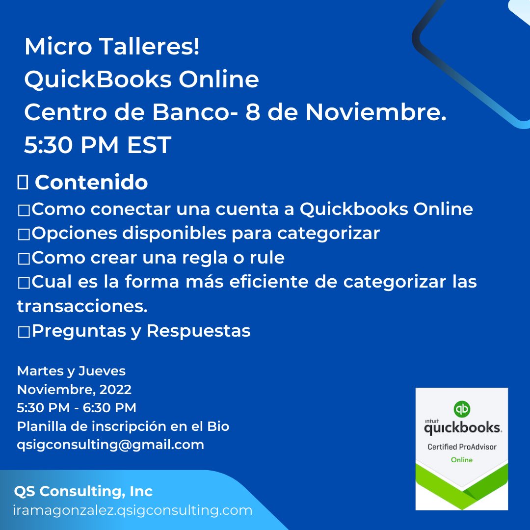 q_sconsulting's tweet photo. Contenido del Taller del Centro de Banco- Bank feeds. Regístrate aquí https://t.co/ipiYg6q2DC https://t.co/2moZVAEGgD