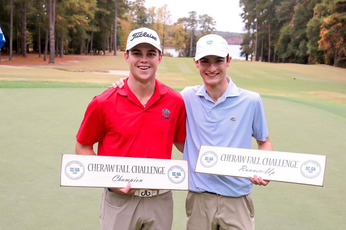 SCJGA's tweet photo. Your 27th Cheraw Fall Challenge Champion, Andrew Gregory! 

Gregory was the only player to finish in red numbers for the tournament with an impressive final round of 6-under par 66! 

Richard Anaclerio shot 67 today to win the scorecard playoff for the runner-up trophy! https://t.co/tDjxeiVLNw