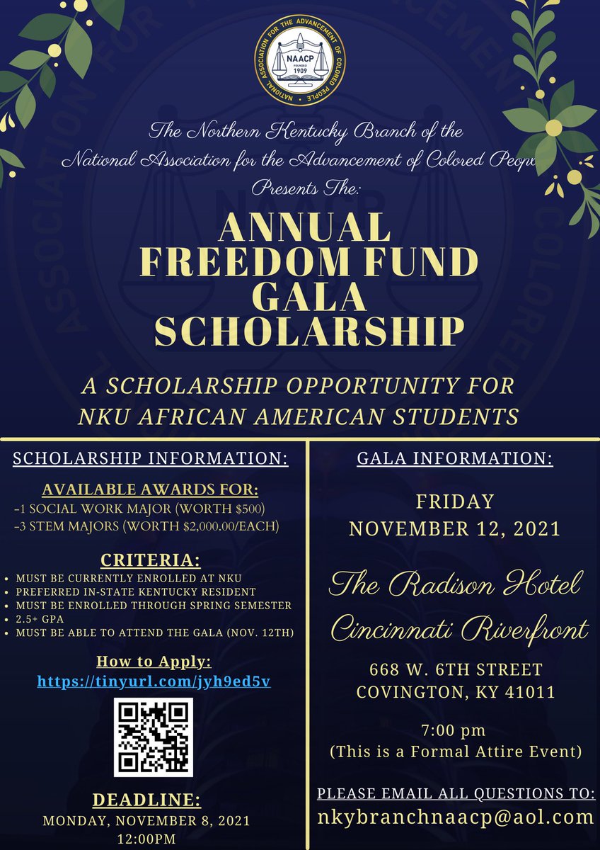 The Northern Kentucky Branch of the NAACP is looking to award 2 current Black/African American NKU students majoring in STEM! 5 days left before it’s due! Hop on this ASAP! Click the link to apply (tinyurl.com/NKYNAACPSchola…) Email nkybranchnaacp@aol.com with ANY questions!
