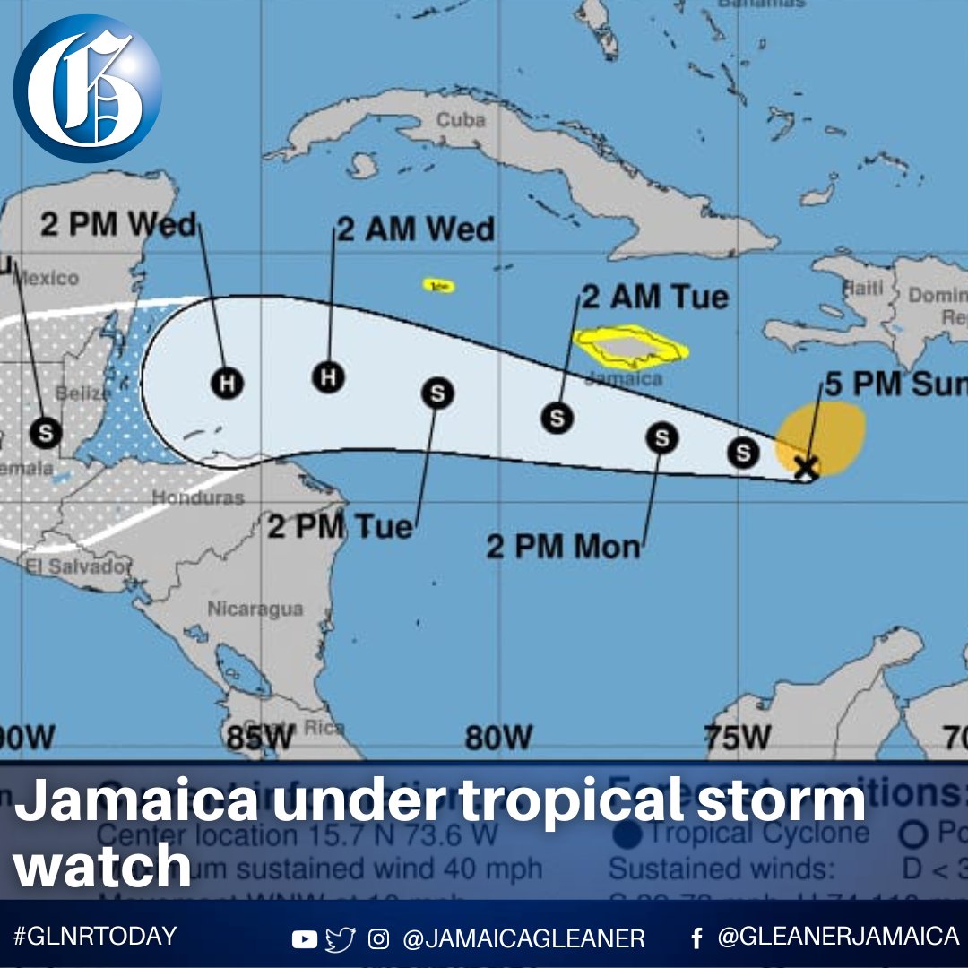 A tropical storm watch is now in effect for Jamaica. The Meteorological Service of Jamaica is urging fishers to exercise extreme caution.

Read more: jamaica-gleaner.com/article/news/2… #GLNRToday