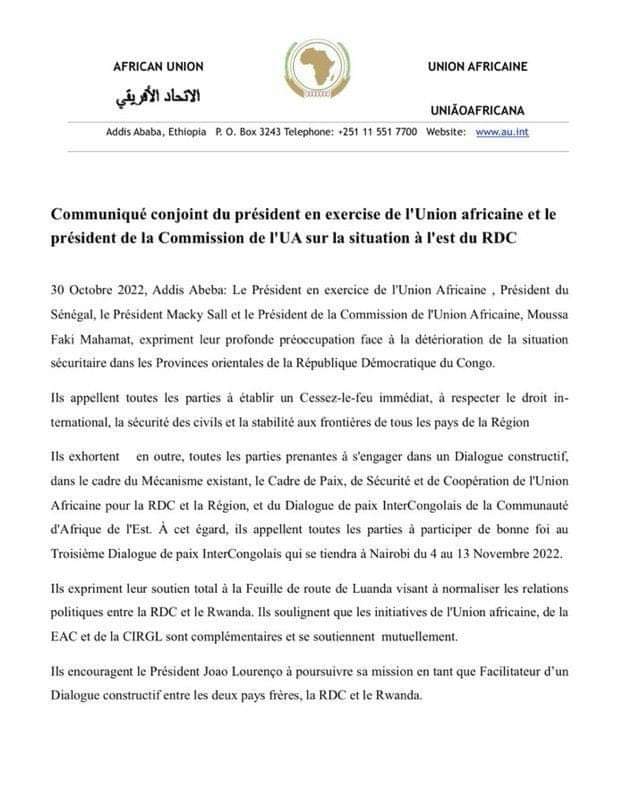 UNCMonParti's tweet photo. #RDC🇨🇩, UA appelle à un « cessez-le-feu immédiat » pour un « dialogue constructif » qui se tiendra à Nairobi (Kenya) du 4 au 13 Novembre 2022. https://t.co/x5zkzPef6q