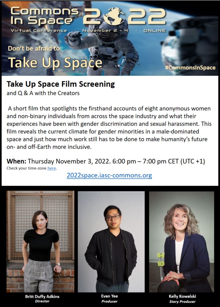 iasc_commons's tweet image. Starts in one hour! &quot;Take up Space&quot; live screening of film and Q&amp;amp;A with the creators @celestial_britt, Evan Yee and @kellykowalski_ at 
2022space.iasc-commons.org 

#CommonsInSpace 
@ASUGlobalFuture 
@Cirus_Eawag 
@UUCopernicus 
@II_ASU  
@CelestialCitzn