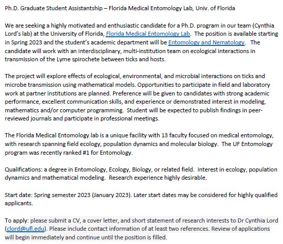 ATTENTION: PhD assistantship for Spring 2023 available in Lord Lab at UF/IFAS FMEL. See below for details!