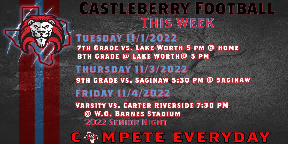 CastleberryLion's tweet photo. Castleberry Football Game Schedule this week.

#CISDAthletics #CastleberryISD #CHS_lions #LionPride #CHSFamily #CompeteEveryday https://t.co/yfZH4pdshE