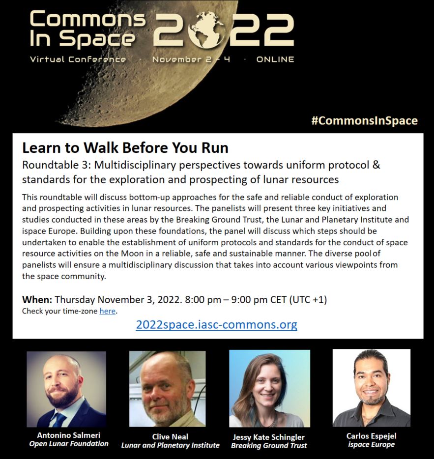 iasc_commons's tweet image. Join us in one hour for Roundtable 3 Learn to walk before you run at 2022space.iasc-commons.org with @AntoninoSalmeri @Prof_Clive_Neal @jessykate and Carlos Espejel

#CommonsInSpace 
@ASUGlobalFuture 
@ispace_inc
@openlunar 
@II_ASU  
@Cirus_Eawag 
@UUCopernicus