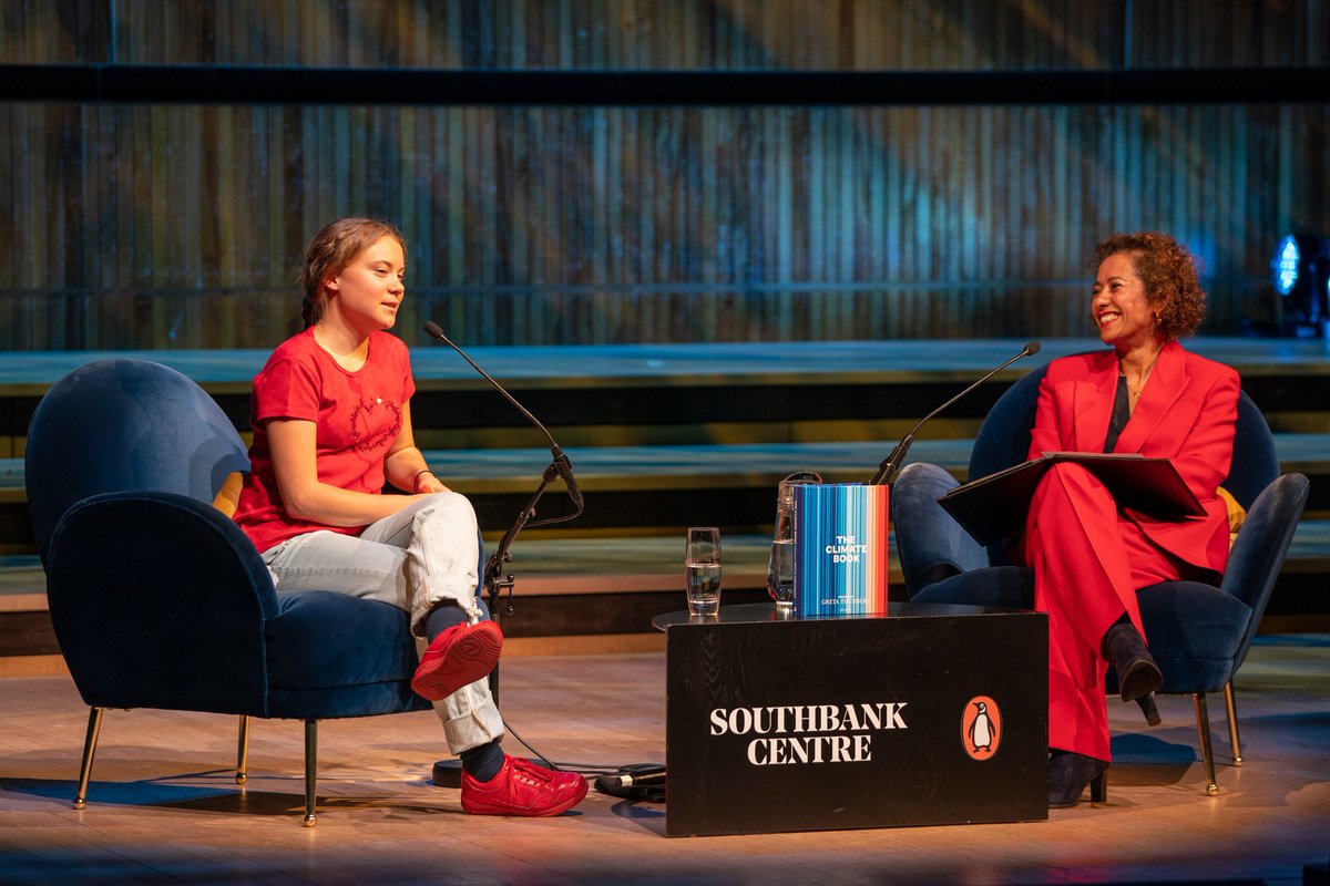 Southbank Centre (@southbankcentre) on Twitter photo Tonight #LondonLitFest welcomed <a href="/GretaThunberg/">Greta Thunberg</a> for the global launch of #TheClimateBook, to which 100 scientists and campaigners have contributed. After delivering a powerful keynote speech she spoke to <a href="/SamiraAhmedUK/">Samira Ahmed</a> about the book, her personal life and the climate crisis. Tonight #LondonLitFest welcomed <a href="/GretaThunberg/">Greta Thunberg</a> for the global launch of #TheClimateBook, to which 100 scientists and campaigners have contributed. After delivering a powerful keynote speech she spoke to <a href="/SamiraAhmedUK/">Samira Ahmed</a> about the book, her personal life and the climate crisis.