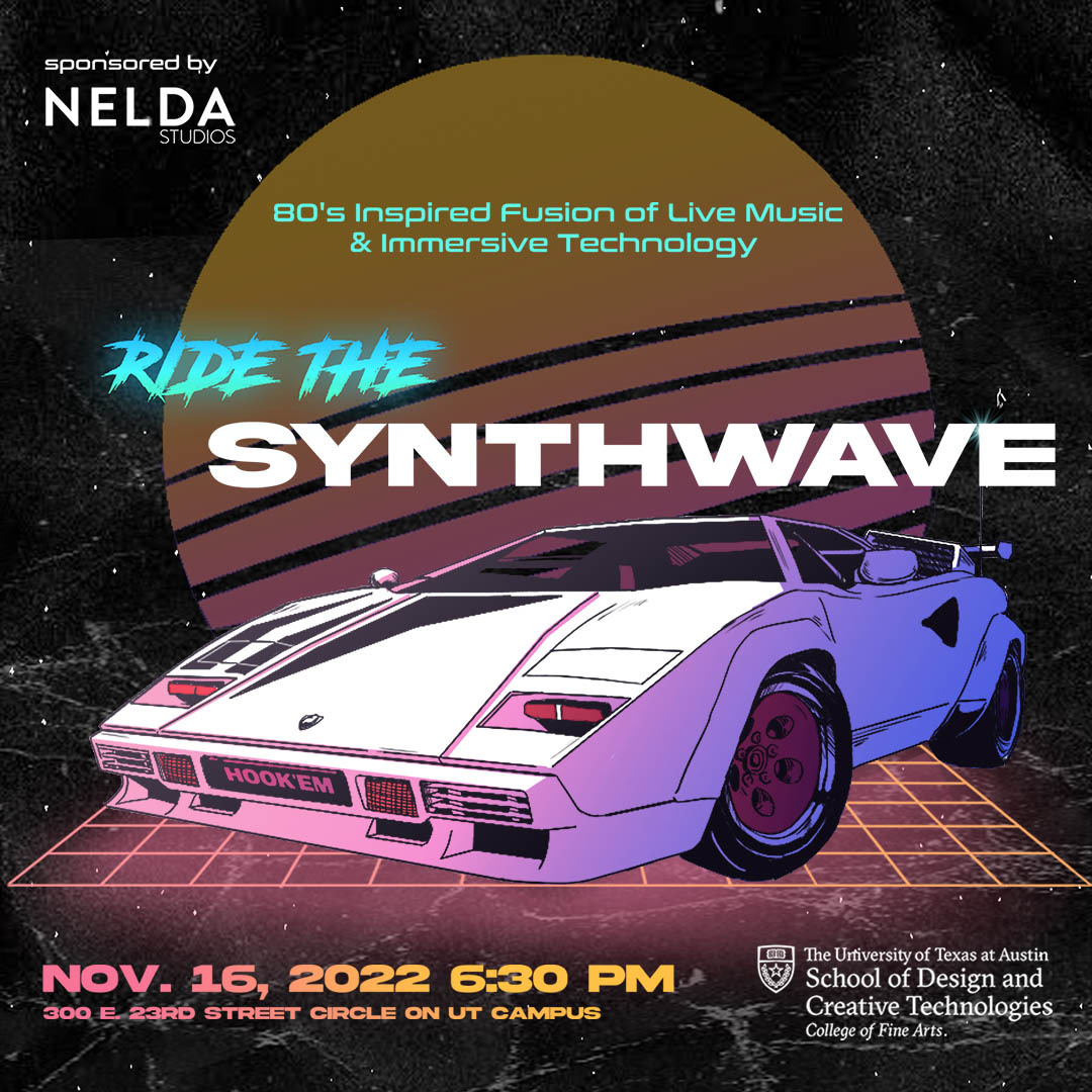 Join us for Ride the Synthwave on Nov 16th from 6:30-10:30PM! Register for free at bit.ly/3DLJPk5 

Featuring music from AET students, a life-size multimedia Lamborghini, immersive art, games, and an exclusive, UT-only performance by <a href="/TheMidnightLA/">ｔｈｅ　ｍｉｄｎｉｇｈｔ</a>.