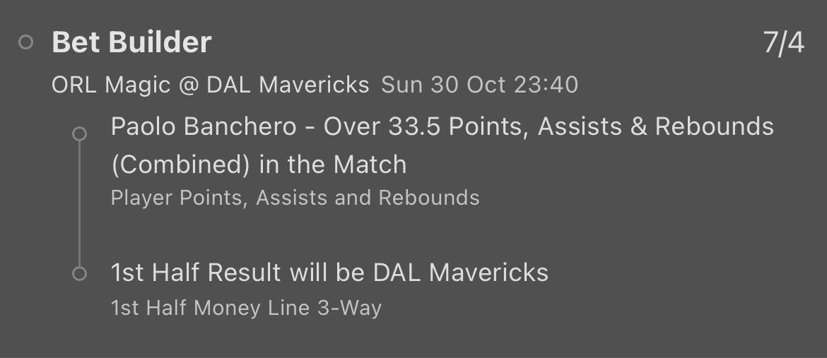 TheAnswerBets's tweet image. ORL Magic @ DAL Mavericks 🏀

Paolo Banchero o33.5 Points, Assists &amp;amp; Rebounds

&amp;amp;

1st Half Result DAL Mavericks

1 Unit