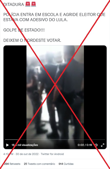 AfpChecamos's tweet photo. 🧵 “Polícia entra em escola e agride eleitor que estava com adesivo do Lula”, dizem usuários ao compartilhar uma gravação no segundo turno das #Eleições2022,
🔎 Mas o vídeo viralizado com a frase “deixem o nordeste votar” é de 2020 e foi gravado em São Paulo.
#CheckBR
⬇️ https://t.co/pYTpdZs3GB