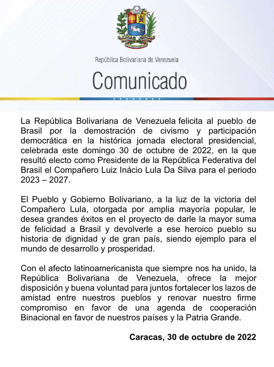 ¡Brasil 🇧🇷 decidió! Con satisfacción felicitamos en nombre del pueblo venezolano y del Pdte. @NicolasMaduro al compañero @LulaOficial, por su victoria el día de hoy, al ser electo como Pdte. de Brasil. ¡Un triunfo que también es de las luchas populares en América Latina!