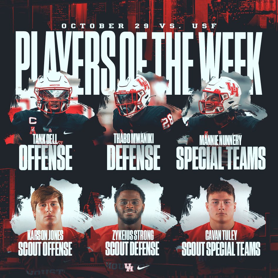 Houston Football (@uhcougarfb) on Twitter photo Players of the Week vs. USF
<a href="/Tankdell4/">Flash1x⚡️</a>
<a href="/jackboybo_/">Thabo Mwaniki</a>
@nunnery1k
<a href="/KarsonJones7/">Joel Karson Jones</a>
Zykeius Strong
<a href="/CavanTuley/">Cavan Tuley</a>
#GoCoogs Players of the Week vs. USF
<a href="/Tankdell4/">Flash1x⚡️</a>
<a href="/jackboybo_/">Thabo Mwaniki</a>
@nunnery1k
<a href="/KarsonJones7/">Joel Karson Jones</a>
Zykeius Strong
<a href="/CavanTuley/">Cavan Tuley</a>
#GoCoogs