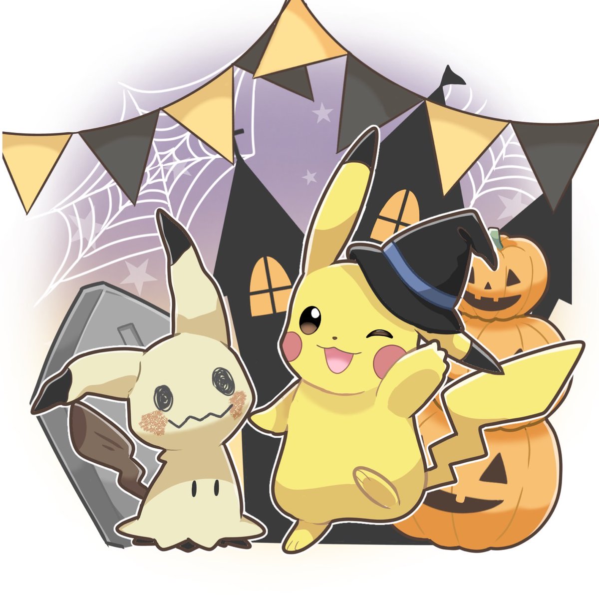 mimikyu ,pikachu pokemon (creature) hat no humans halloween one eye closed spider web silk  illustration images