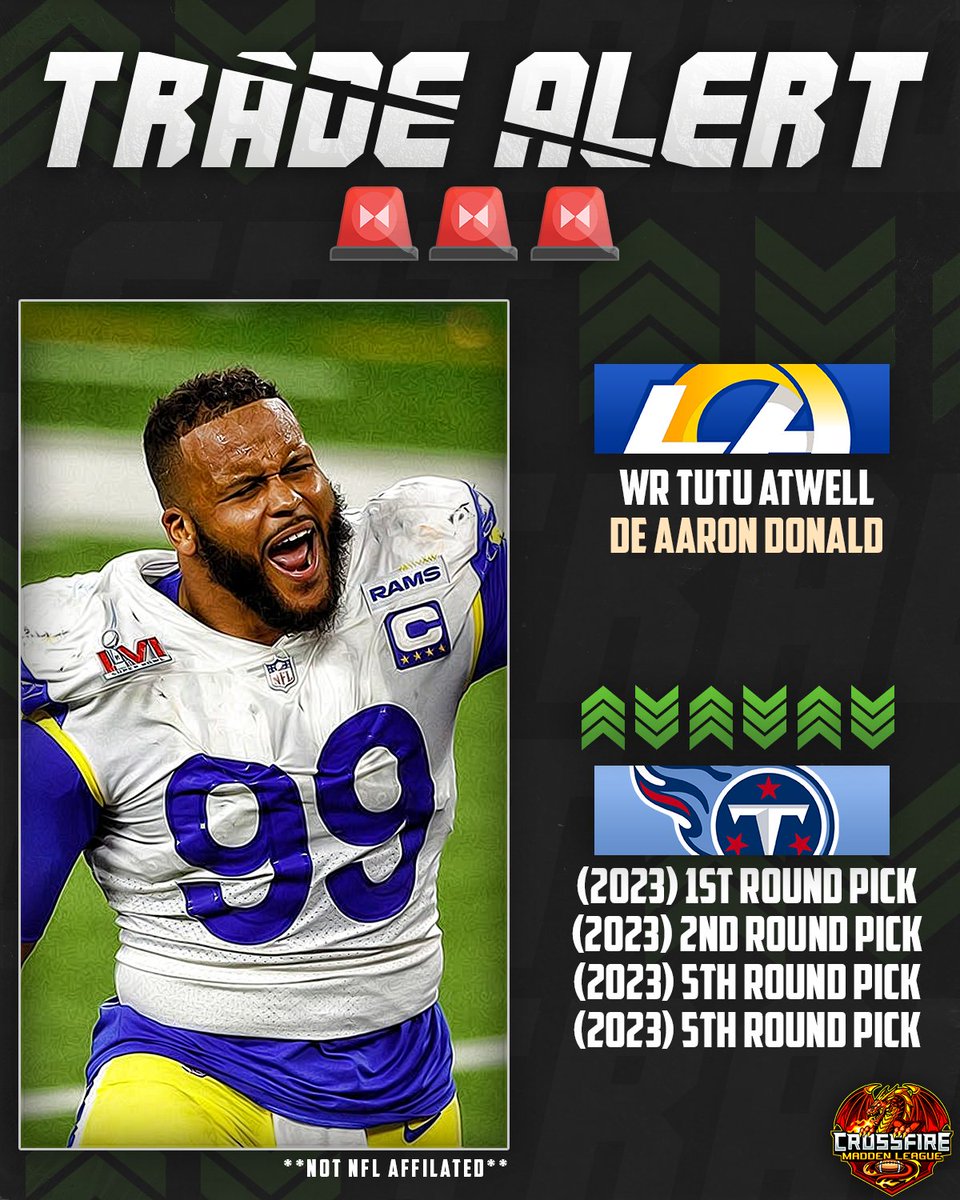 CrossfireLG's tweet photo. 🚨 BLOCKBUSTER TRADE! 🚨 Future HOF Aaron Donald has been shipped to Tennessee for multiple draft picks, per @CrossfireLG!

*not affiliated with the NFL*

#FranchiseNation // @EAMaddenNFL @CFMNetwork @NeonSportz @LeagueCrawler https://t.co/upOWe6k2Lb