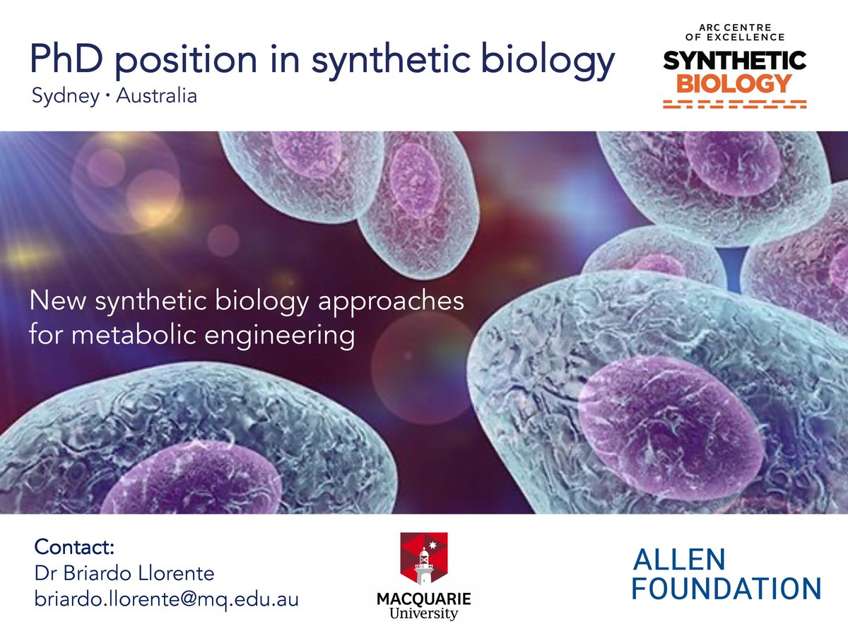 Are you a driven and adventurous person excited about pursuing a #PhD in synthetic biology?
Then we are looking for you!

We have a PhD position available, fully funded thanks to the Allen Foundation's support.
We do exciting science here at the <a href="/ARC_CoESB/">ARC Centre of Excellence in Synthetic Biology</a> <a href="/Macquarie_Uni/">Macquarie University</a>!
pls RT!