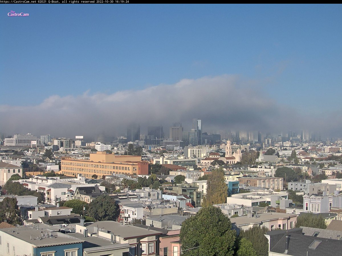After warming up to 66° this afternoon, the temperature in downtown San Francisco has dropped to 55° as low clouds fill in over the western half of the city and through the Golden Gate. #CAwx #BayAreaWX #SanFrancisco