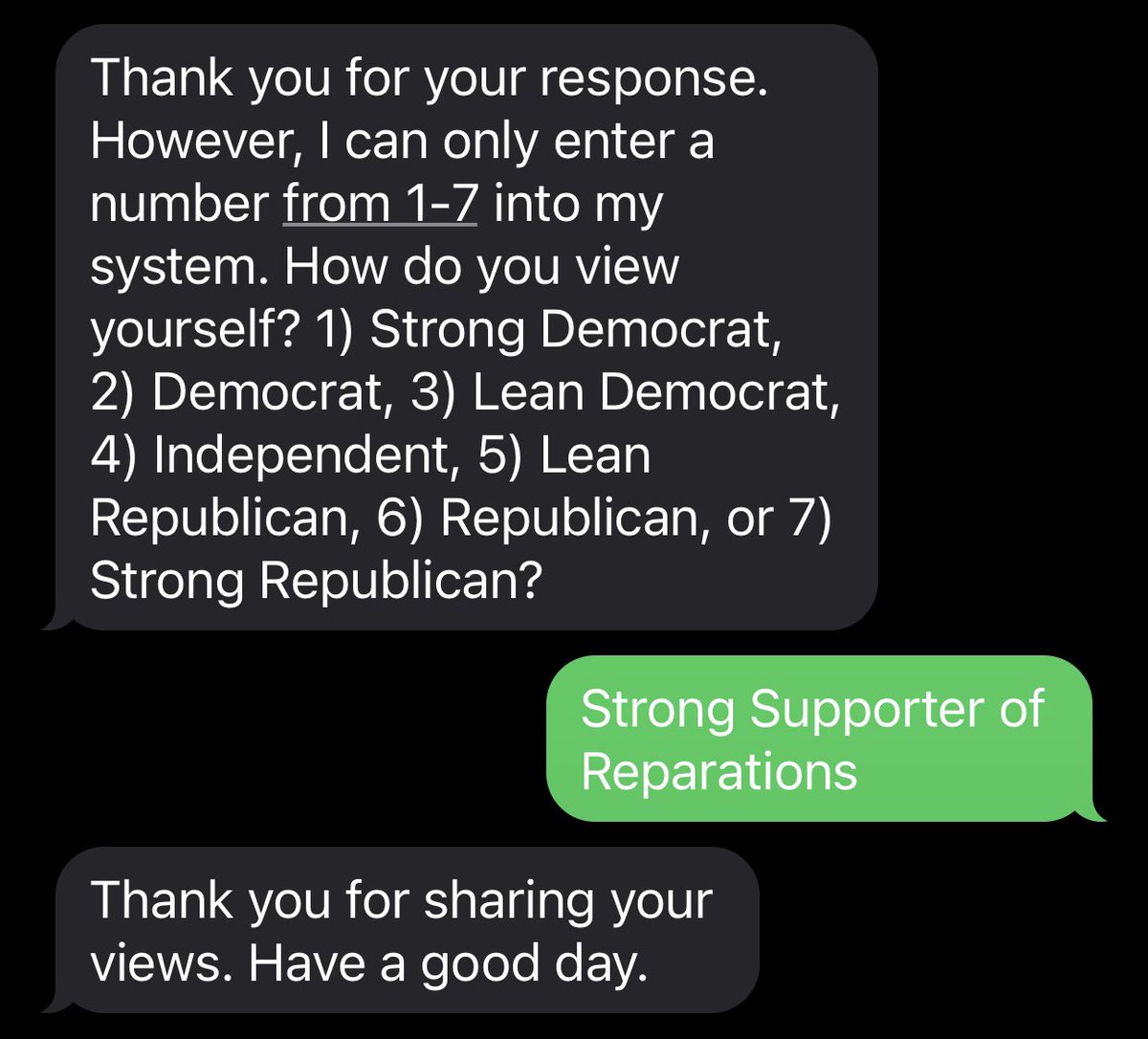 My response to unsolicited political texts…
#ados #reparations #ReparationsNow