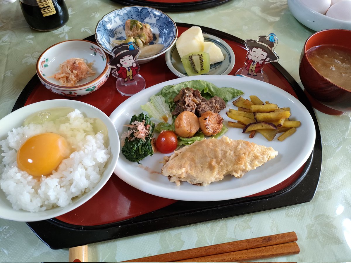 「#ぜにったちゃん民宿岬さんでの豪華朝食最終日。普段こんな健康的な食事してない…。」|雨月のイラスト