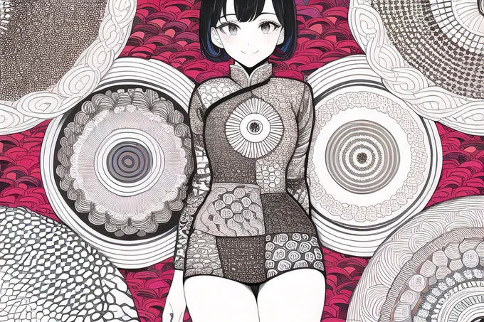 ゼンタングル旗袍(チャイナドレス) "zentangle"タグ、いろいろ応用がきく。  呪文は1枚目のALT。ネガティブは無し。 768x512   ddim #NovelAI #NovelAIDiffusion