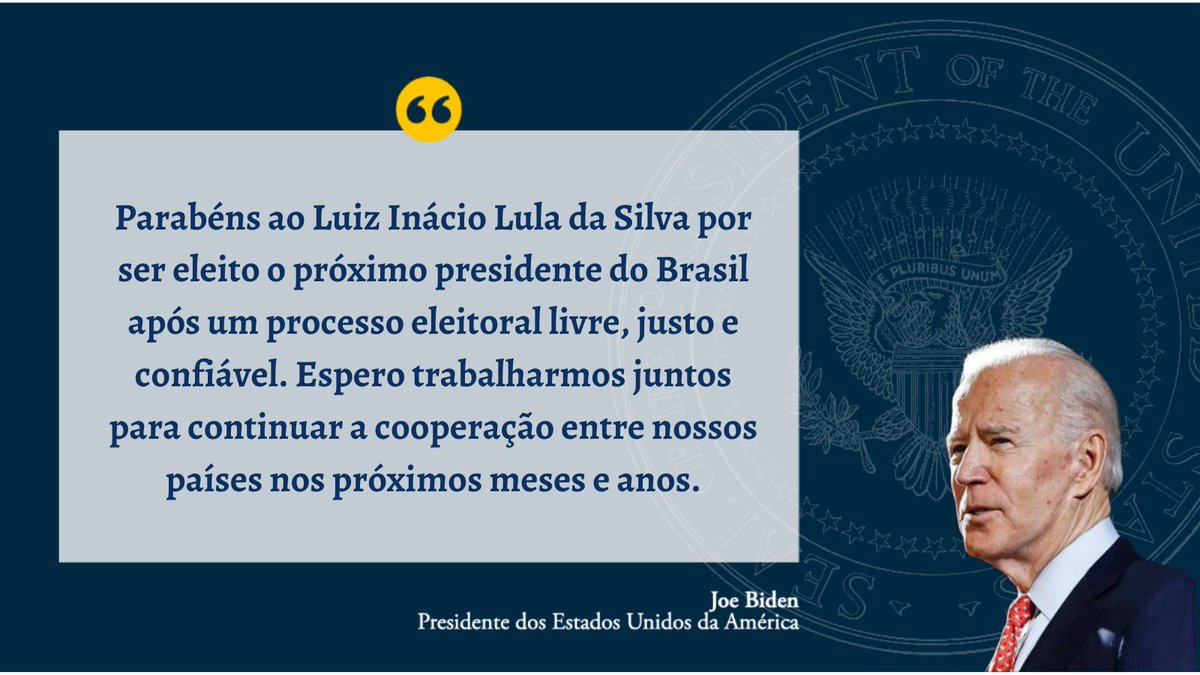 Embaixada EUA Brasil (@embaixadaeua) on Twitter photo .<a href="/POTUS/">President Donald J. Trump</a>: "Parabéns ao Luiz Inácio Lula da Silva por ser eleito o próximo presidente do Brasil após um processo eleitoral livre, justo e confiável. Espero trabalharmos juntos para continuar a cooperação entre nossos países nos próximos meses e anos". bit.ly/3TP4jxL .<a href="/POTUS/">President Donald J. Trump</a>: "Parabéns ao Luiz Inácio Lula da Silva por ser eleito o próximo presidente do Brasil após um processo eleitoral livre, justo e confiável. Espero trabalharmos juntos para continuar a cooperação entre nossos países nos próximos meses e anos". bit.ly/3TP4jxL