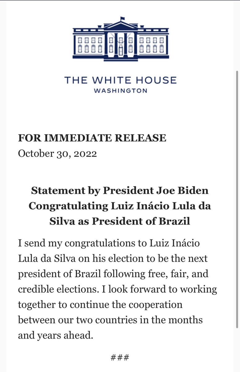 Presidente dos EUA, Jon Biden, já parabeniza vitória de Lula.

Reconhecer RÁPIDO a vitória do petista, exaltando que foram eleições limpas, era ordem na Casa Branca.