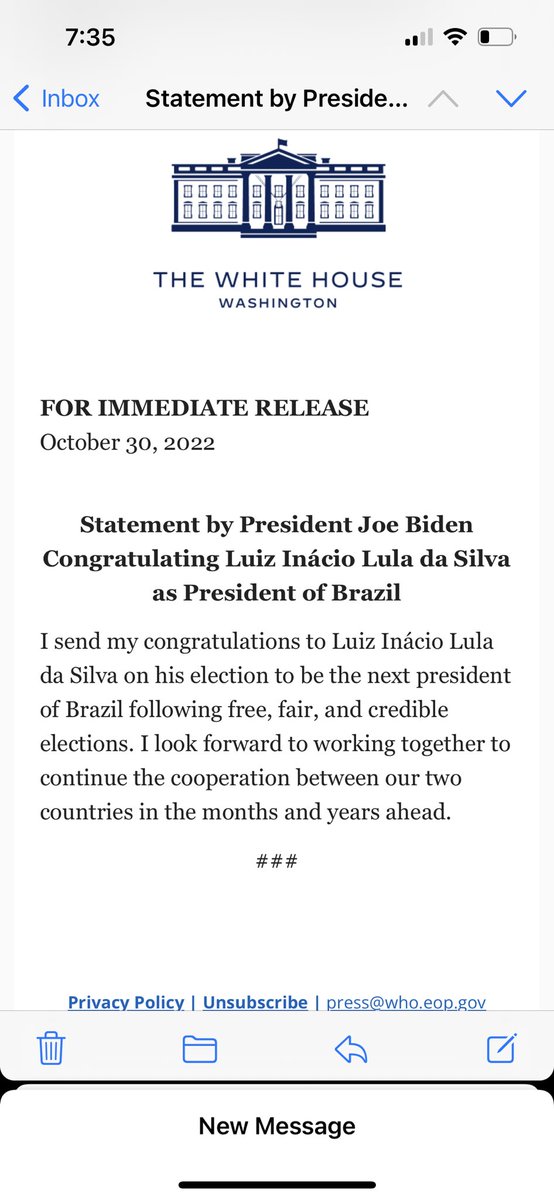 Biden very quickly out with a statement congratulating Lula, a signal to Brazilian elite not to try anything funny. 

A truly strange moment: the US working against a potential right wing coup in South America.