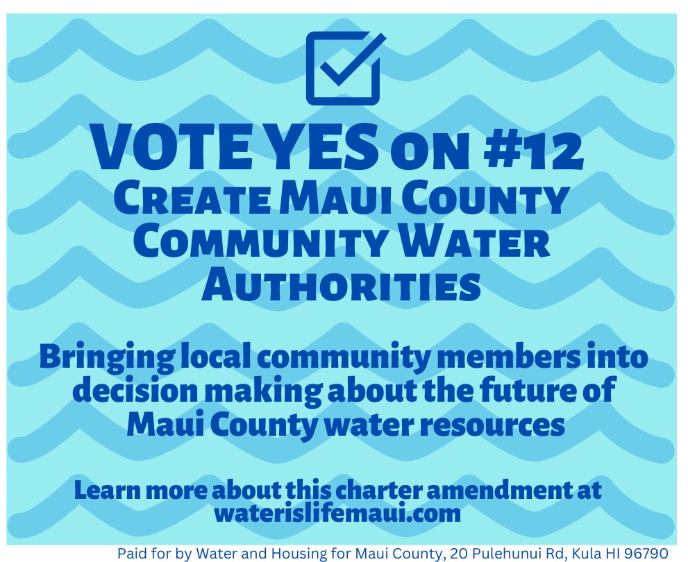 Ballots have arrived, and this year we have a once in a generation opportunity to shift control of public water from corporations to our communities.

Vote Yes on Charter Amendment #12! Learn more at waterislifemaui.com

#ProtectMauisFuture #EOlaiKaWai