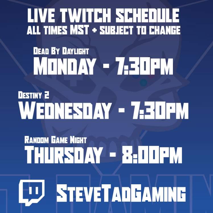 SteveTadGaming's tweet photo. Game change.
10/30 - 11/5
Come watch and follow me on my lives. https://t.co/vHXQofKceh #Twitch #Gamers #Streamers #TwitchGamers #TwitchStreamers #VideoGames #Destiny2 #DeadByDaylight #RandomGames #Tiktok #FYP #Foryoupage #Favebook #Twitter #Instagram https://t.co/iRtrXCctbE