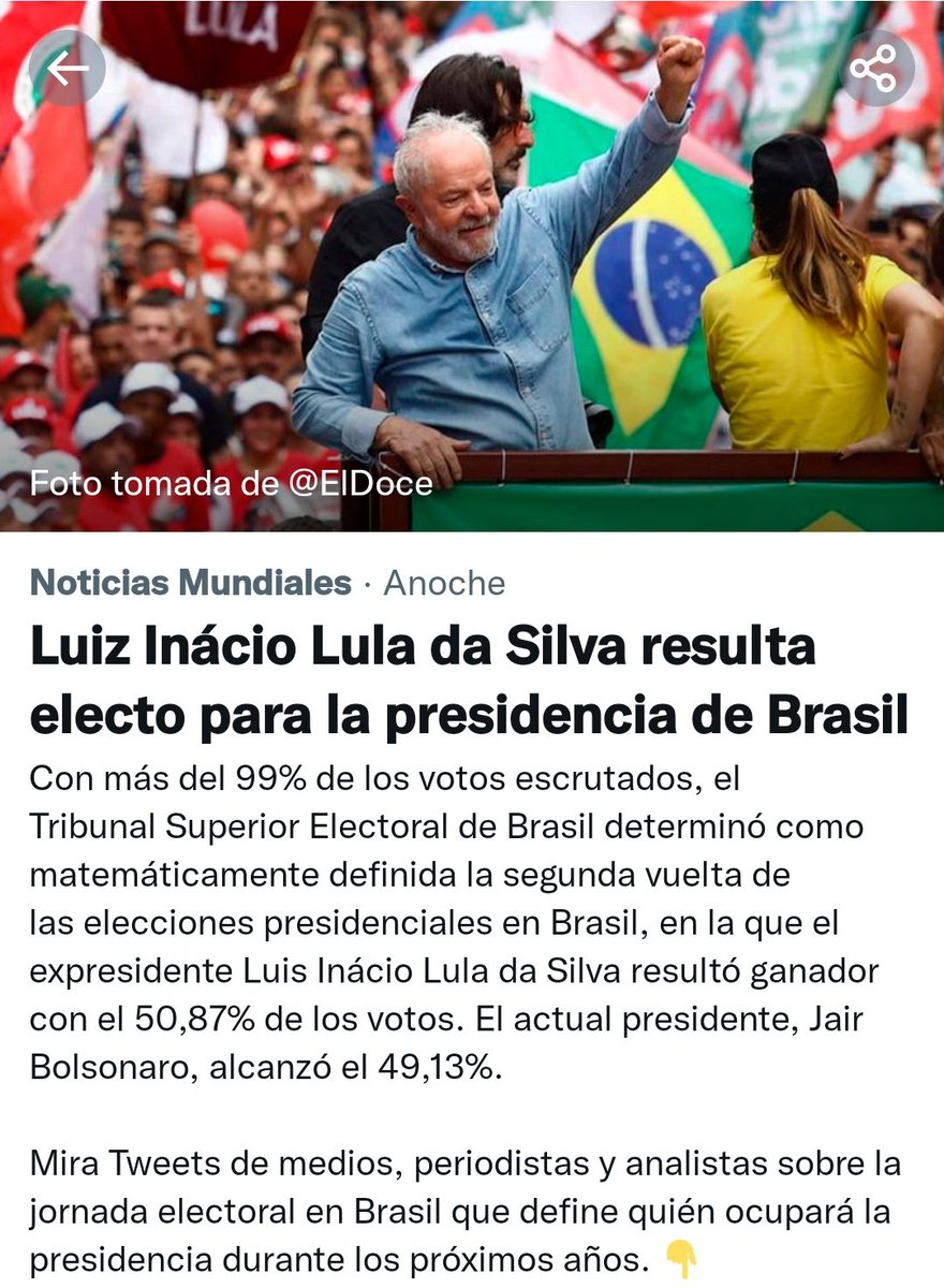 #LOÚLTIMO: Lula da Silva será el nuevo presidente de Brasil tras derrotar a Jair Bolsonaro.