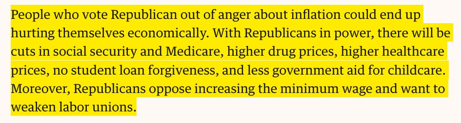 If you know anyone who plans to vote Republican because they're angry at Biden about inflation, they should read this: Inflation is NOT Biden's fault. Plus, the GOP will make inflation worse--they'll let prescription drug prices rise & cut Social Security theguardian.com/commentisfree/…