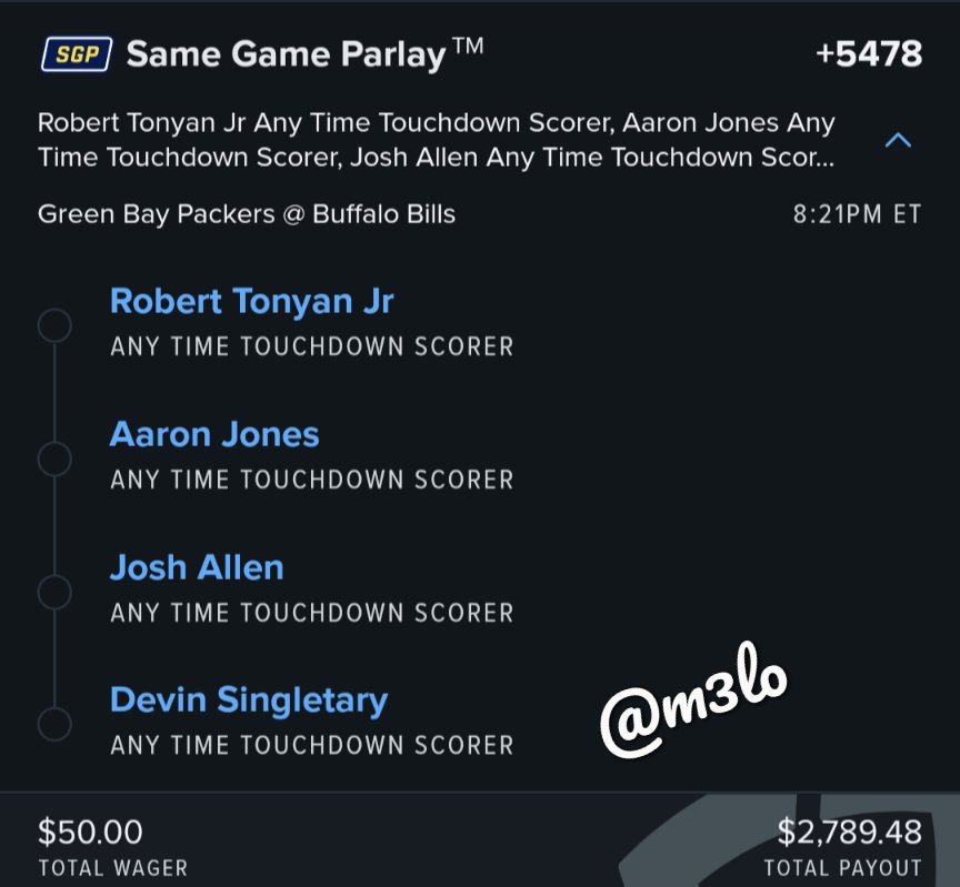 m3lorama's tweet photo. #SNF #BillsvsPackers
#nflpicks #fdsportsbook #freeparlay #gamblingtwitter #anytimetouchdowns #nflbetting #nflweek6 https://t.co/veG6VjM1mu
